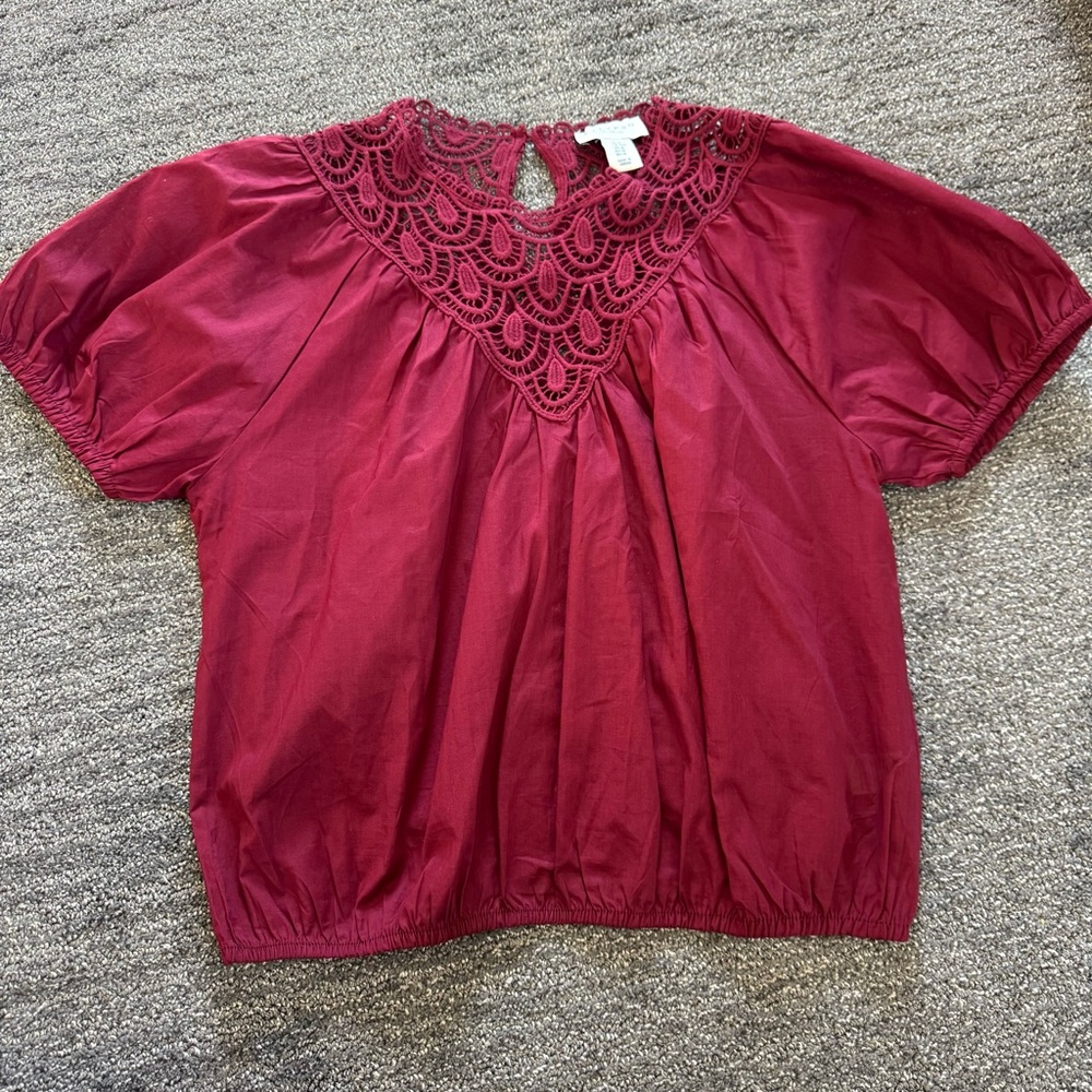 Calypso St. Barth Dark Red Lace Blouse Vacation Travel Feminine Cotton Sz M